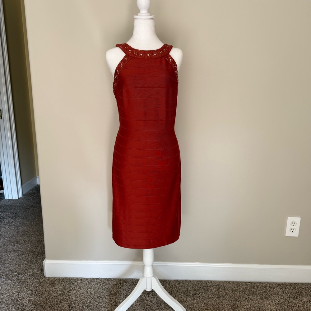 Signature Red Halter Sheath Midi Dress